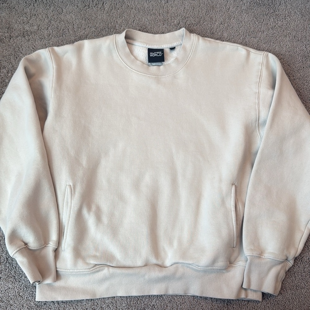 Beige Super World crewneck pullover. Size S